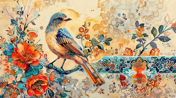 پرنده روی شاخه درخت با پس زمینه نقوش سنتی ایرانی - استعاره مکنیه چیست
