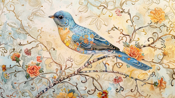 پرنده روی شاخه درخت با گل و پس زمینه نقوش سنتی ایرانی - استعاره مصرحه چیست