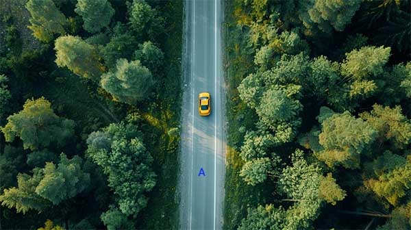 تصویری هوایی از اتومبیل زردی که در جاده مستقیمی حرکت می کند. 