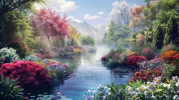 یک باغ با گل ها و رودخانه با پس زمینه کوه - ایهام چیست