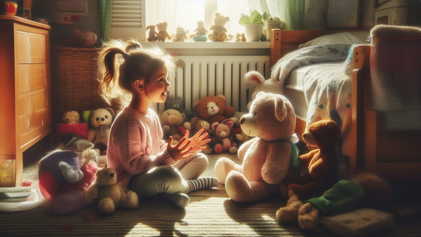 کودکی در حال حرف زدن با عروسک هایش - روانشناسی یادگیری