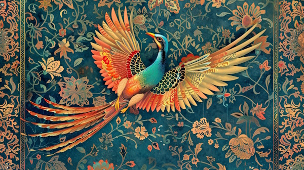 پرنده ایرانی با پس زمینه گل و نقوش سنتی ایرانی - انواع قید در فارسی