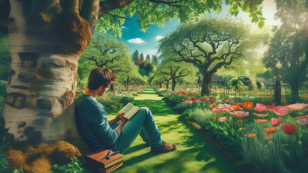 پسری در حال درس خواندن در طبیعتی زیبا زیر آسمان آبی