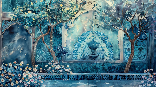 یک حیاط با درخت و بوته های گل و کاشی کاری روی دیوار با نقوش سنتی 