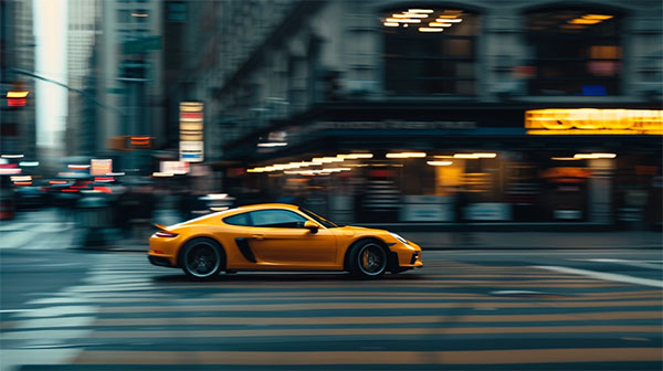 اتومبیل زردی در خیابان به سمت راست حرکت می کند. 