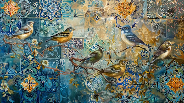 چند پرنده روی شاخه درخت با پس زمینه نقوش سنتی کاشی های ایرانی - فعل لازم و متعدی چیست