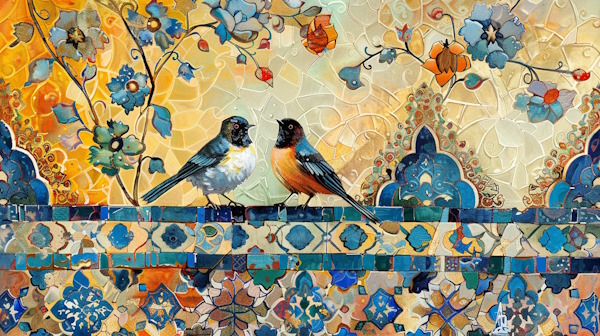 دو پرنده روی کاشی های ایرانی با نقوش سنتی