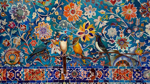 چهار پرنده روی شاخه درخت با پس زمینه کاشی های سنتی ایرانی