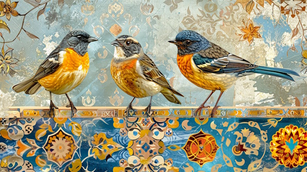 سه پرنده روی کاشی هایی با نقوش سنتی ایرانی نشسته اند - شناسه های فعل ماضی و مضارع در فارسی