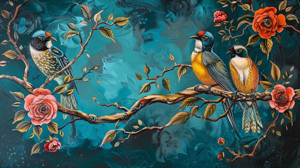 پرنده‌هایی ایرانی نشسته بر روی شاخه گل