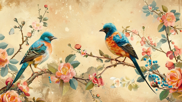 دو پرنده روی شاخه درخت با گل ها و شکوفه ها - نمونه سوال فعل مجهول فارسی