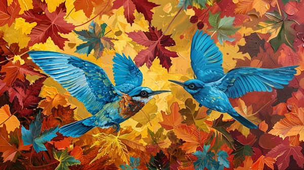 پرنده هایی آبی و برگهای پاییزی
