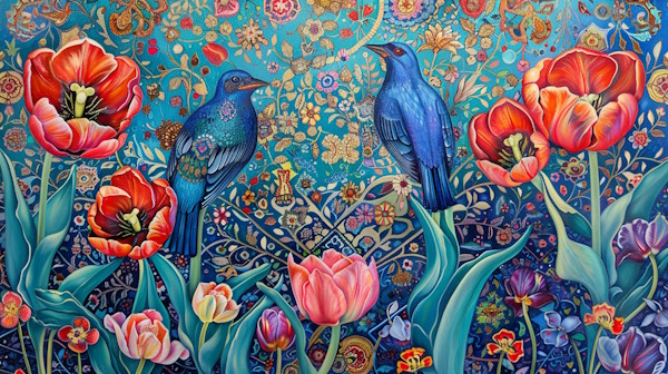 پرنده هایی نشسته بر روی گلهای رنگارنگ در محیطی ایرانی-انواع استعاره
