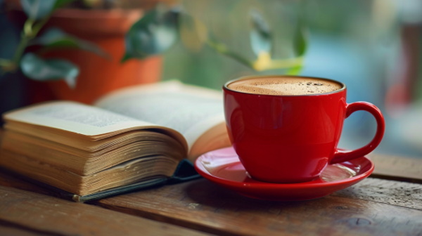 تصویر یک فنجان قهوه در کنار یک کتاب