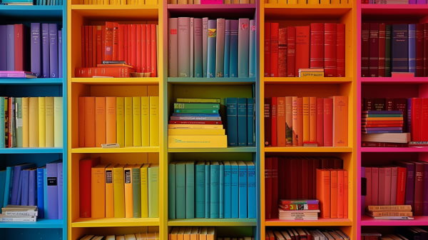 تصویر کتاب‌های رنگی در کتابخانه