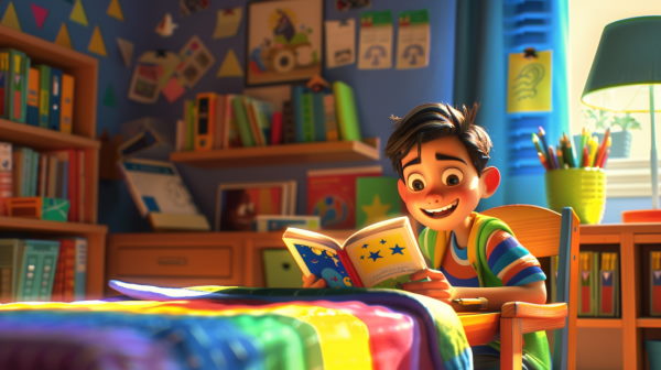 تصویر پسری در حال خواندن کتاب در اتاق رنگی
