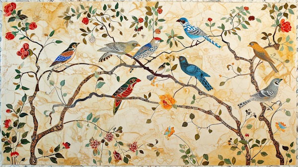 طرح چند پرنده و شاخه های درخت و گل روی کاشی های سنتی ایرانی - هسته در فارسی چیست