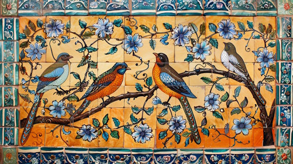 طرح پرنده و گل و نقوش سنتی روی کاشی های ایرانی