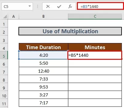 جدولی از داده ها در اکسل که فرمول تبدیل ساعت به دقیقه را در یکی از خانه های جدول نشان ‌می دهد