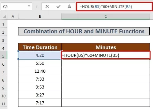 تبدیل ساعت به دقیقه در اکسل در جدولی از داده های زمانی با استفاده از توابع زمانی