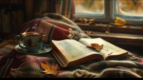 تصویر فنجان چای در کنار یک کتاب