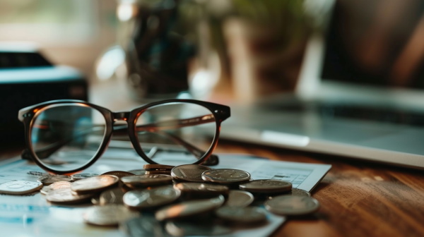 تصویری از عینک در کنار سکه‌ها