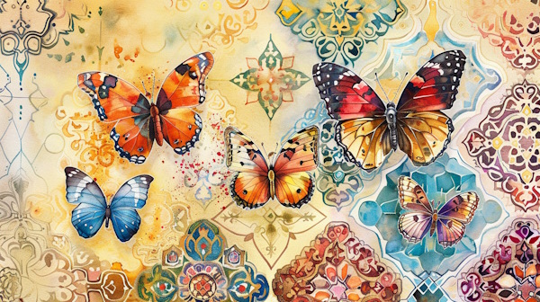 پروانه هایی با پس زمینه کاشی ایرانی