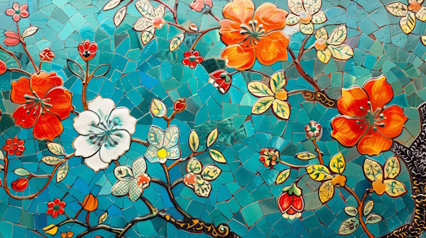 گل های رنگارنگ در طرح کاشی آبی ایرانی