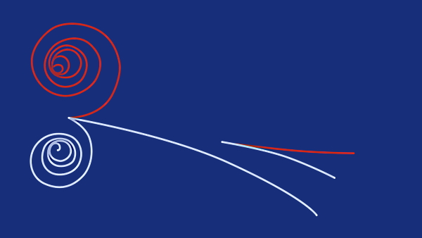در یک زمینه آبی دو منحنی قرمز و سفید به صورت متقارن رسم شده‌اند - پوزیترون چیست