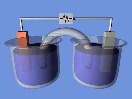 دو ظرف محتوی مایع شیمیایی هستند و بین آن‌ها اتصال الکتریکی برقرار است.