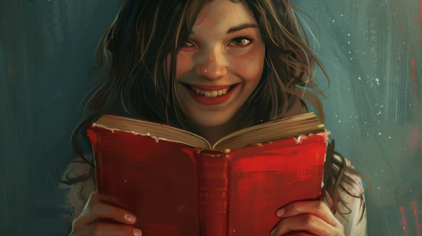 دختری خندان در حال خواندن کتابی با جلد قرمز