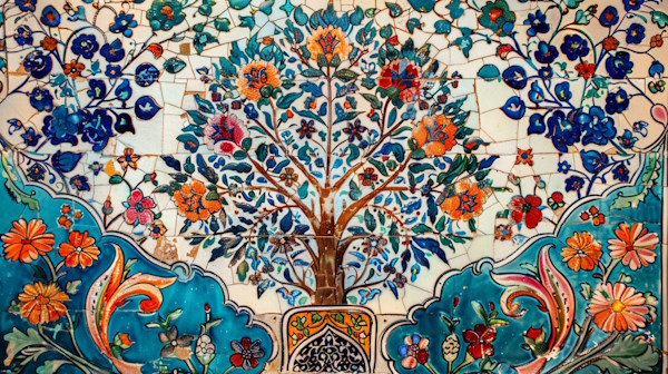 کاشی های ایرانی با طرح درخت و گل و نقوش سنتی