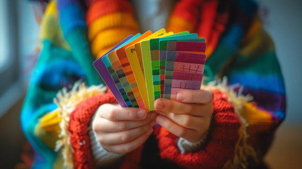 تصویر دستان کودکی که فلش‌کارت‌های رنگی در دست دارد.