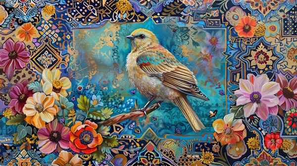 پرنده ای کوچک در کنار کاشی و گلهای ایرانی