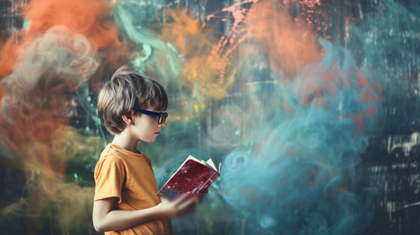تصویر پسری از نیم‌رخ با کتابی در دست