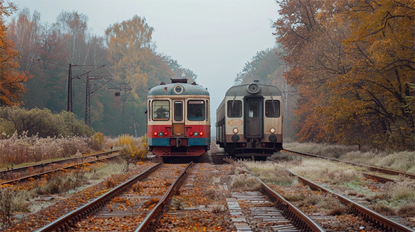 دو قطار در جهت مخالف یکدیگر حرکت می کنند. 