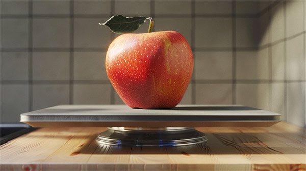 سیبی روی ترازو دیجیتال قرار گرفته است. 