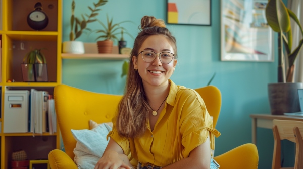 دختر جوان روی مبل زرد دفتر کار نشسته و به دوربین لبخند می زند