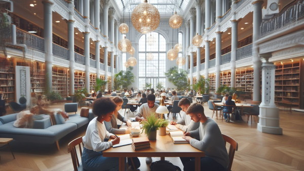 افرادی در حال مطالعه در یک کتاب‌خانه بسیار بزرگ و زیبا 