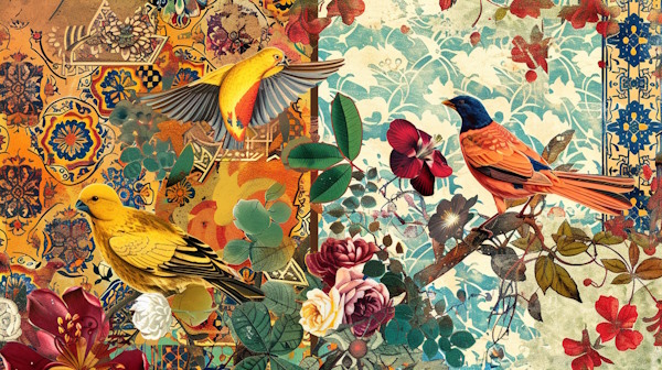چند پرنده با پس زمینه گل و نقوش ایرانی روی کاشی های سنتی - مشبه و مشبه به چیست