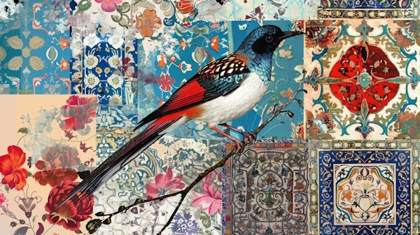 پرنده روی شاخه درخت با پس زمینه نقوش سنتی کاشی های ایرانی - مشبه و مشبه به چیست