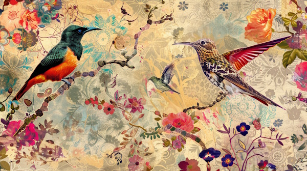 چند پرنده در باغ و روی شاخه درخت با پس زمینه نقوش سنتی ایرانی - صرف فعل فارسی