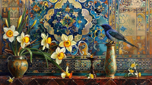 پرنده و نرگس ایرانی با کاشی ایرانی