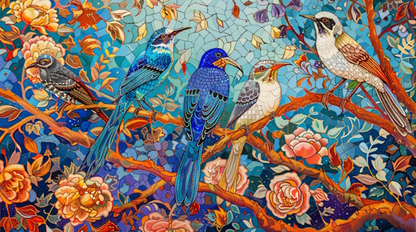 چند پرنده روی شاخه درخت پا پس زمینه گل و نقوش سنتی کاشی های ایرانی 