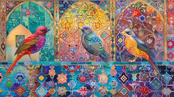 پرنده هایی روی کاشی های ایرانی