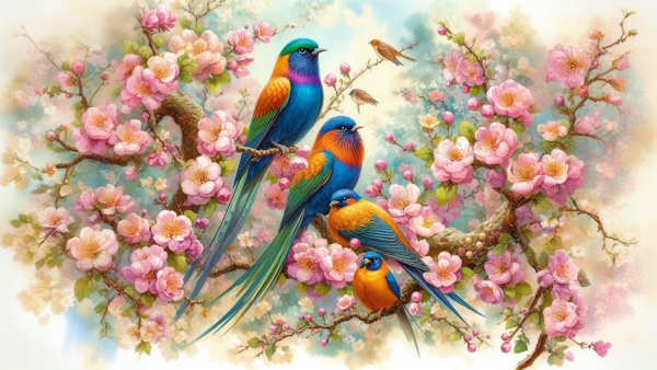 چند پرنده در باغ گل روی شاخه درخت نشسته اند