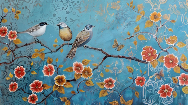 سه پرنده روی شاخه درخت با پس زمینه گل و نقوش سنتی ایرانی - نقش دستوری چیست