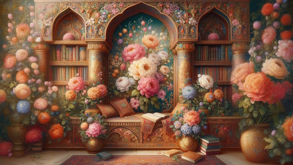 کتابخانه ای ایرانی با گلهای زیبای ایرانی