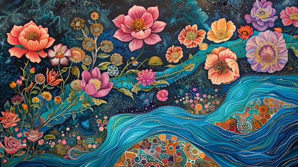 گل های شکفته و رودخانه جاری در میان گل ها با نقوش سنتی ایرانی - ایهام چیست