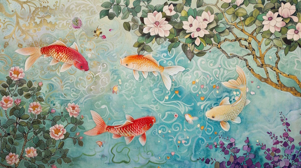 چند ماهی در رودخانه با درخت و گل و پس زمینه نقوش سنتی ایرانی - ضمیر اشاره چیست